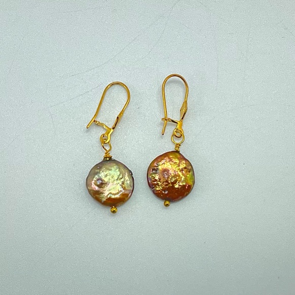 Copper Color Pearl Earrings, Handmad, Genuine Fresh Water Coin Pearl, Gold Plate - Picture 6 of 7